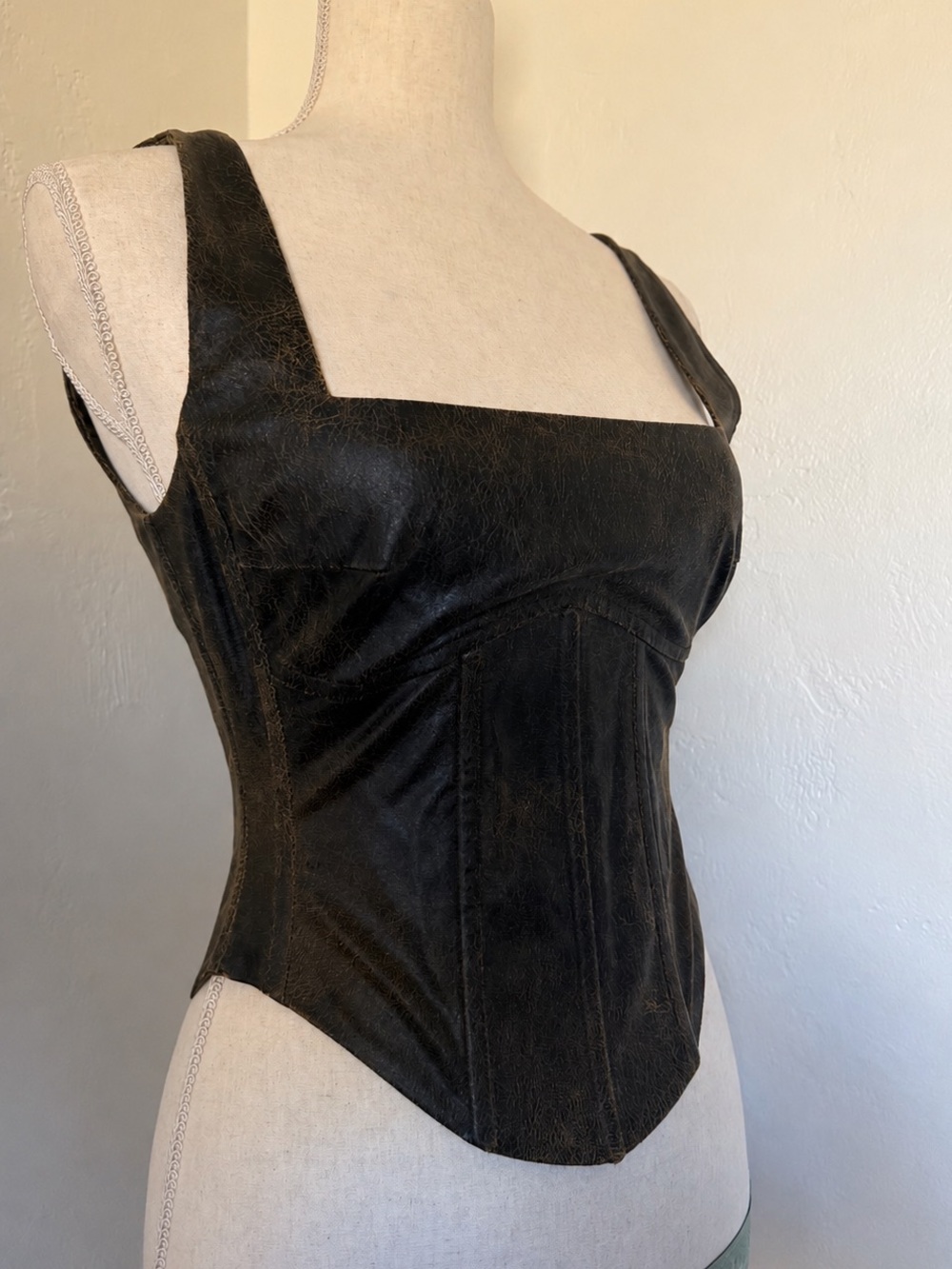 Misbhv Brown Cracked Faux-Leather Corset Top [S]